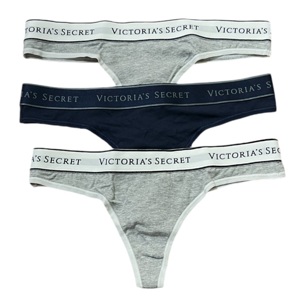 Victoria’s Secret Logo Cotton Thong Panty 3 pack bundle 2 Gray 1 Blue Sm…